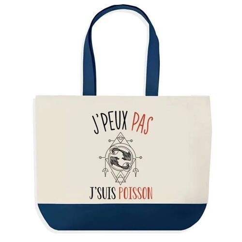 Sac shopping fond bleu J'peux pas Signe Poisson Cadeau Anniversaire Noël | Design Graphique Grand Sac Courses Cabas