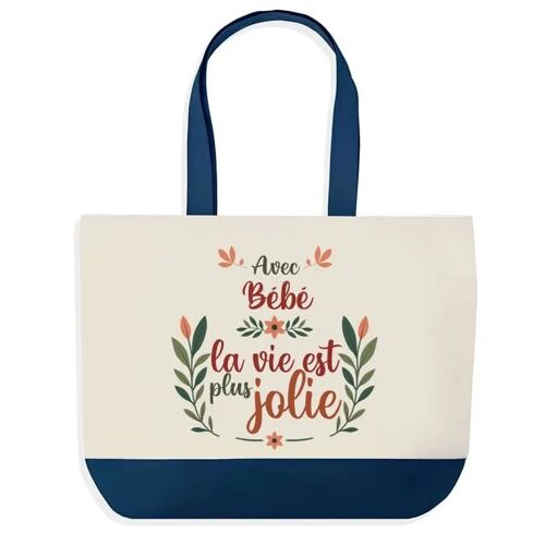Sac shopping fond bleu Bébé la vie est plus jolie Cadeau Anniversaire Noël | Design Graphique Grand Sac Courses Cabas