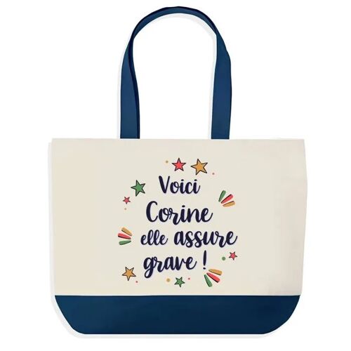 Sac shopping fond bleu Corine elle assure grave Cadeau Anniversaire Noël | Design Graphique Grand Sac Courses Cabas