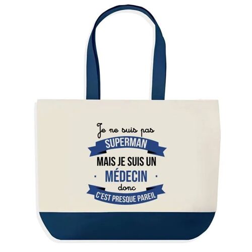 Sac shopping fond bleu Médecin Superman Collègue Départ Cadeau Anniversaire Noël | Design Graphique Grand Sac Courses Cabas