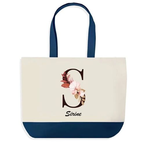 Sac shopping fond bleu Sirine Lettre Fleur Cadeau Anniversaire Noël | Design Graphique Grand Sac Courses Cabas