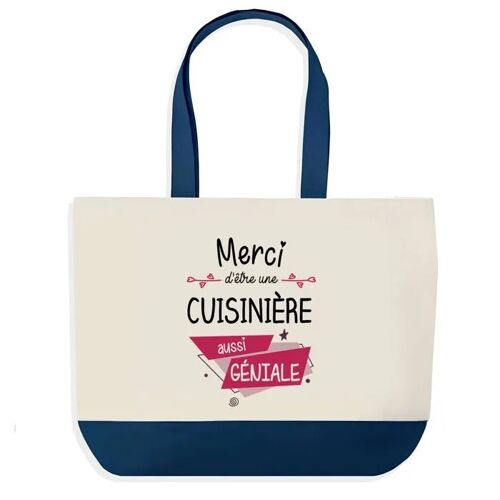 Sac shopping fond bleu Merci Cuisinière Géniale Collègue Départ Cadeau Anniversaire Noël | Design Graphique Grand Sac Courses Cabas