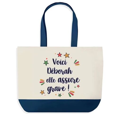 Sac shopping fond bleu Déborah elle assure grave Cadeau Anniversaire Noël | Design Graphique Grand Sac Courses Cabas