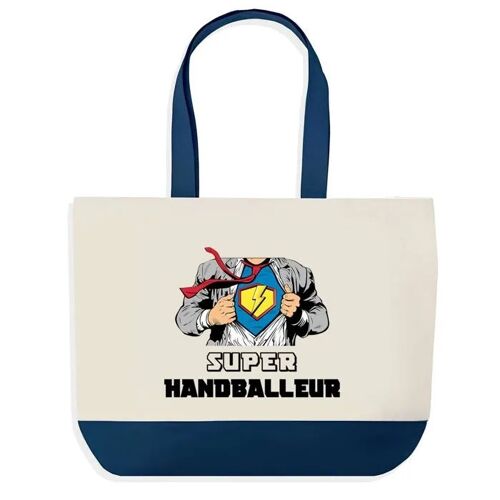 Sac shopping fond bleu Super Handballeur Cadeau Anniversaire Noël | Design Graphique Grand Sac Courses Cabas