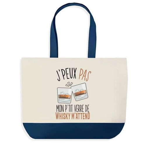 Sac shopping fond bleu J'peux pas Whiskey Cadeau Anniversaire Noël | Design Graphique Grand Sac Courses Cabas