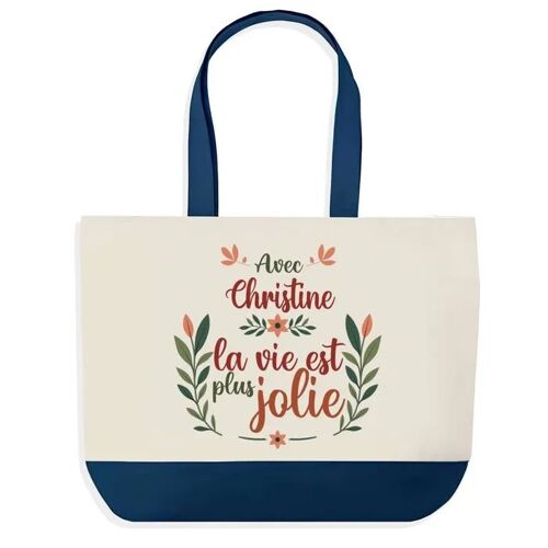 Sac shopping fond bleu Christine la vie est plus jolie Cadeau Anniversaire Noël | Design Graphique Grand Sac Courses Cabas