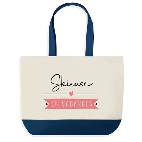 Sac shopping fond bleu Skieuse en Vacances Cadeau Anniversaire Noël | Design Graphique Grand Sac Courses Cabas
