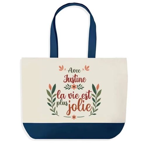 Sac shopping fond bleu Justine la vie est plus jolie Cadeau Anniversaire Noël | Design Graphique Grand Sac Courses Cabas