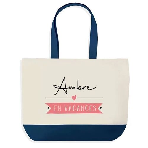 Sac shopping fond bleu Ambre en Vacances Cadeau Anniversaire Noël | Design Graphique Grand Sac Courses Cabas