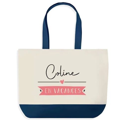 Sac shopping fond bleu Coline en Vacances Cadeau Anniversaire Noël | Design Graphique Grand Sac Courses Cabas
