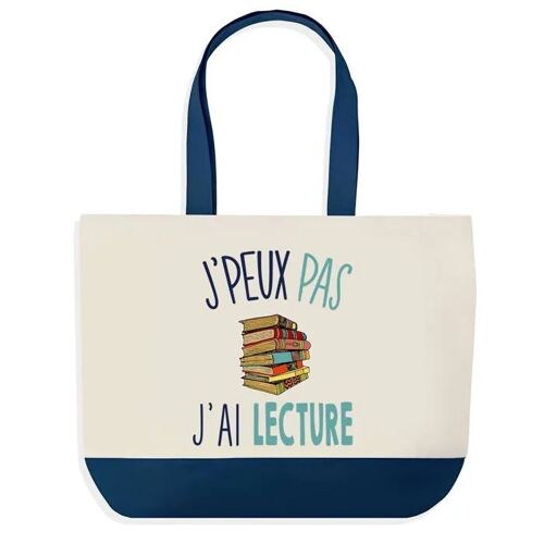 Sac shopping fond bleu J'peux pas Lecture Cadeau Anniversaire Noël | Design Graphique Grand Sac Courses Cabas