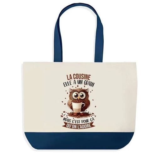 Sac shopping fond bleu Cousine Chouette Grain Cousin Cadeau Anniversaire Noël | Design Graphique Grand Sac Courses Cabas