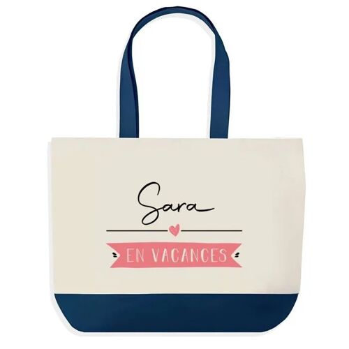 Sac shopping fond bleu Sara en Vacances Cadeau Anniversaire Noël | Design Graphique Grand Sac Courses Cabas