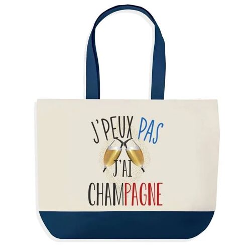 Sac shopping fond bleu J'peux pas Champagne Cadeau Anniversaire Noël | Design Graphique Grand Sac Courses Cabas