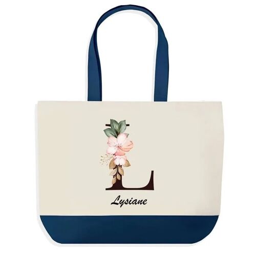 Sac shopping fond bleu Lysiane Lettre Fleur Cadeau Anniversaire Noël | Design Graphique Grand Sac Courses Cabas