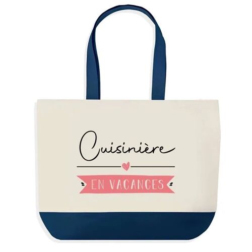 Sac shopping fond bleu Cuisinière en Vacances Collègue Départ Cadeau Anniversaire Noël | Design Graphique Grand Sac Courses Cabas