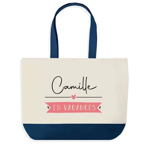 Sac shopping fond bleu Camille en Vacances Cadeau Anniversaire Noël | Design Graphique Grand Sac Courses Cabas