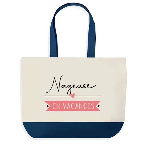 Sac shopping fond bleu Nageuse en Vacances Cadeau Anniversaire Noël | Design Graphique Grand Sac Courses Cabas