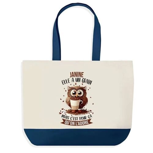 Sac shopping fond bleu Janine Chouette Grain Cadeau Anniversaire Noël | Design Graphique Grand Sac Courses Cabas