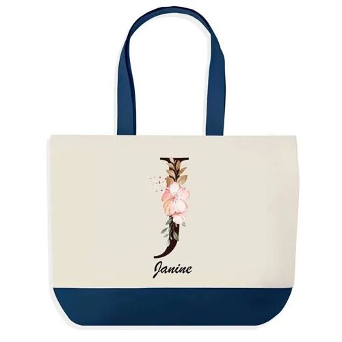 Sac shopping fond bleu Janine Lettre Fleur Cadeau Anniversaire Noël | Design Graphique Grand Sac Courses Cabas