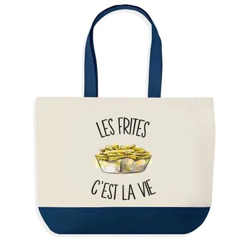 Sac shopping fond bleu Frites c'est la Vie Cadeau Anniversaire Noël | Design Graphique Grand Sac Courses Cabas