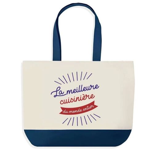 Sac shopping fond bleu Cuisinière Meilleure du Monde Collègue Départ Cadeau Anniversaire Noël | Grand Sac Courses Cabas