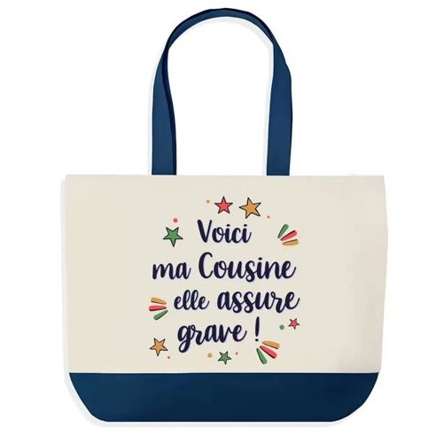 Sac shopping fond bleu Cousine elle assure grave Cousin Cadeau Anniversaire Noël | Design Graphique Grand Sac Courses Cabas