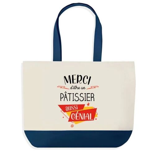 Sac shopping fond bleu Merci Pâtissier Génial Collègue Départ Cadeau Anniversaire Noël | Design Graphique Grand Sac Courses Cabas