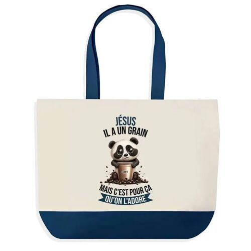 Sac shopping fond bleu Jésus Panda Grain Cadeau Anniversaire Noël | Design Graphique Grand Sac Courses Cabas