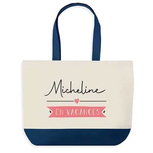 Sac shopping fond bleu Micheline en Vacances Cadeau Anniversaire Noël | Design Graphique Grand Sac Courses Cabas