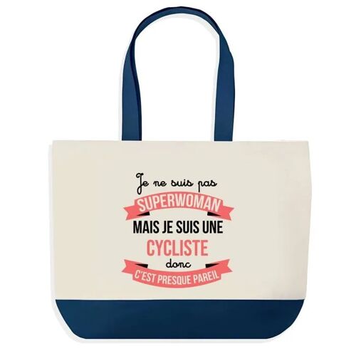 Sac shopping fond bleu Cycliste Superwoman Cadeau Anniversaire Noël | Design Graphique Grand Sac Courses Cabas