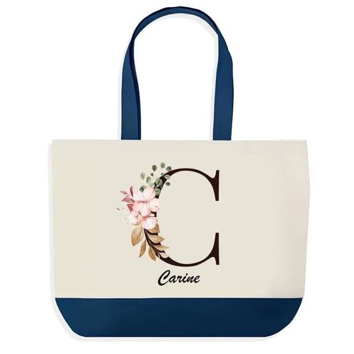 Sac shopping fond bleu Carine Lettre Fleur Cadeau Anniversaire Noël | Design Graphique Grand Sac Courses Cabas