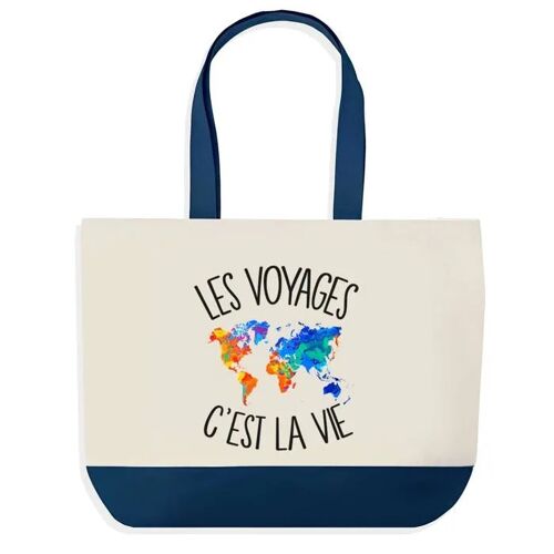 Sac shopping fond bleu Voyages c'est la Vie Cadeau Anniversaire Noël | Design Graphique Grand Sac Courses Cabas