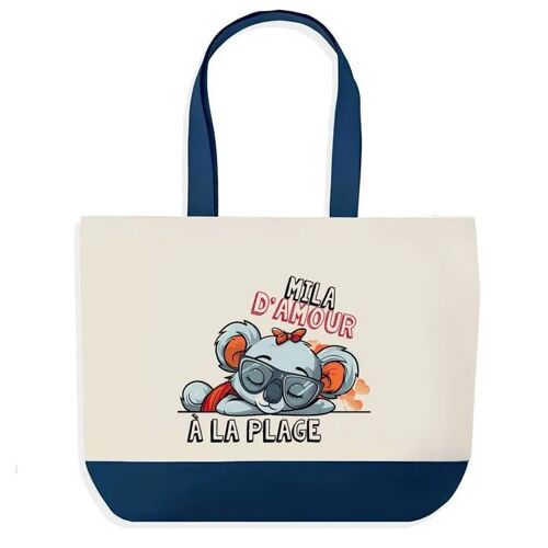 Sac shopping fond bleu Mila Koala à la Plage Cadeau Anniversaire Noël | Design Graphique Grand Sac Courses Cabas