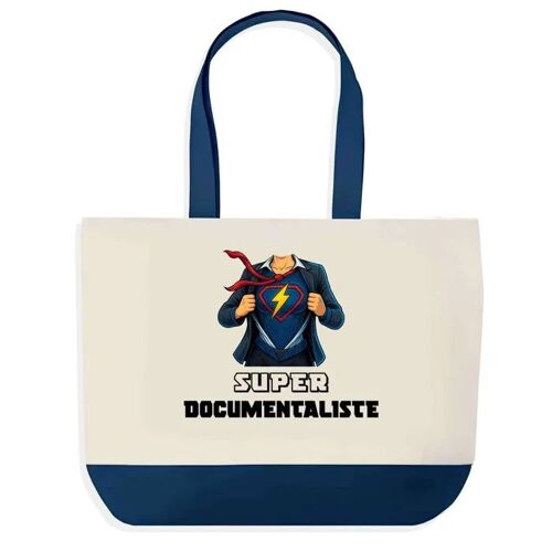 Sac shopping fond bleu Super Documentaliste Femme Épouse Saint-Valentin Collègue Départ Cadeau | Grand Sac Courses Cabas