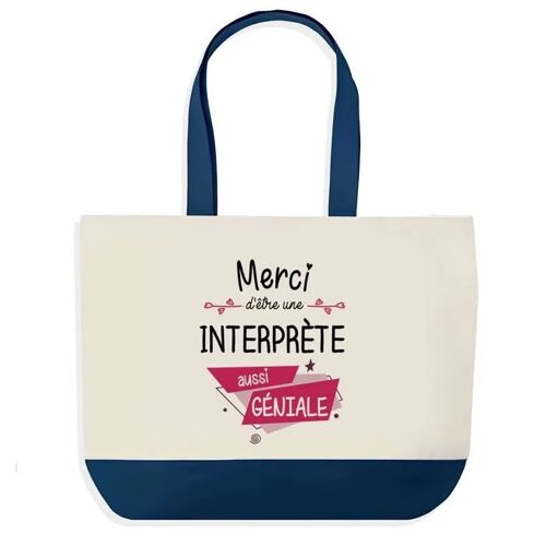 Sac shopping fond bleu Merci Interprète Géniale Cadeau Anniversaire Noël | Design Graphique Grand Sac Courses Cabas