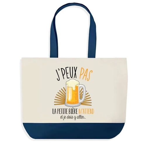 Sac shopping fond bleu J'peux pas Petite Bière Cadeau Anniversaire Noël | Design Graphique Grand Sac Courses Cabas
