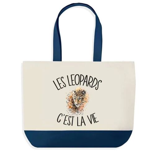 Sac shopping fond bleu Leopard c'est la Vie Cadeau Anniversaire Noël | Design Graphique Grand Sac Courses Cabas