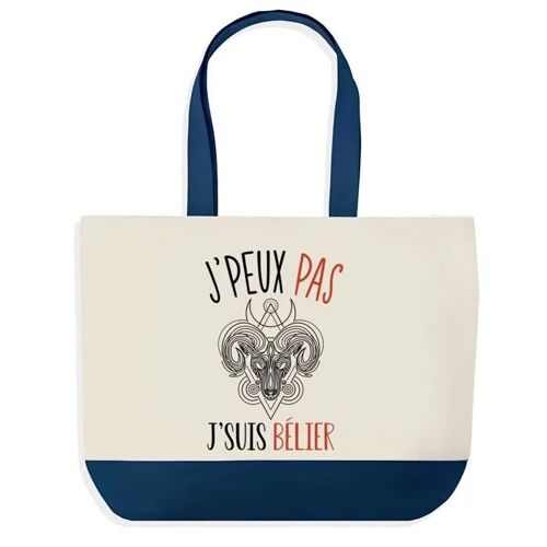 Sac shopping fond bleu J'peux pas Signe Bélier Cadeau Anniversaire Noël | Design Graphique Grand Sac Courses Cabas