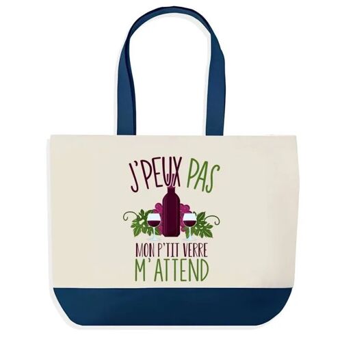 Sac shopping fond bleu J'peux pas Vin Alcool Petit Verre Cadeau Anniversaire Noël | Design Graphique Grand Sac Courses Cabas