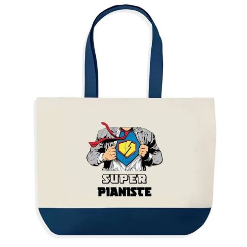 Sac shopping fond bleu Super Pianiste Cadeau Anniversaire Noël | Design Graphique Grand Sac Courses Cabas