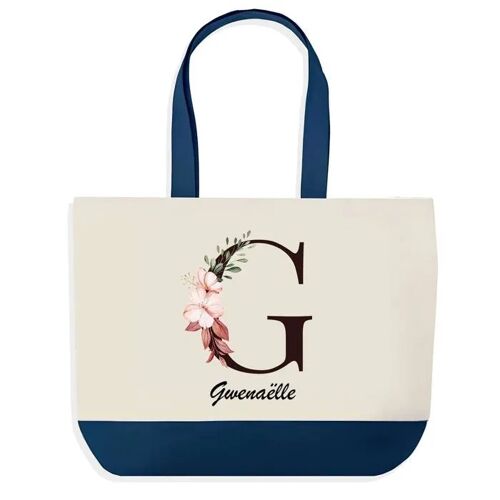 Sac shopping fond bleu Gwenaëlle Lettre Fleur Cadeau Anniversaire Noël | Design Graphique Grand Sac Courses Cabas