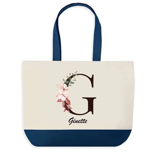 Sac shopping fond bleu Ginette Lettre Fleur Cadeau Anniversaire Noël | Design Graphique Grand Sac Courses Cabas