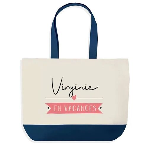 Sac shopping fond bleu Virginie en Vacances Cadeau Anniversaire Noël | Design Graphique Grand Sac Courses Cabas