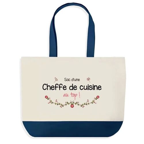 Sac shopping fond bleu Cheffe de Cuisine au Top Cadeau Anniversaire Noël | Design Graphique Grand Sac Courses Cabas