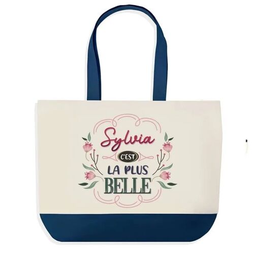 Sac shopping fond bleu Sylvia la plus belle Cadeau Anniversaire Noël | Design Graphique Grand Sac Courses Cabas