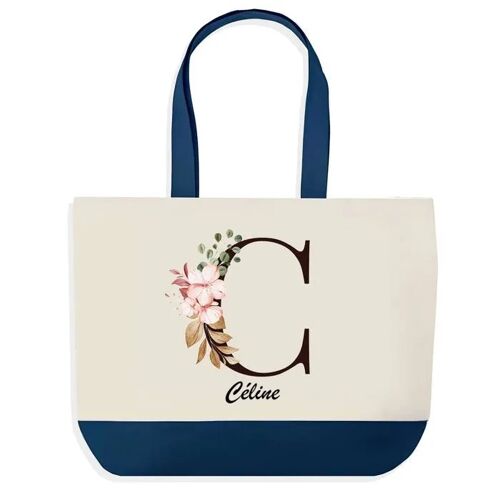 Sac shopping fond bleu Céline Lettre Fleur Cadeau Anniversaire Noël | Design Graphique Grand Sac Courses Cabas