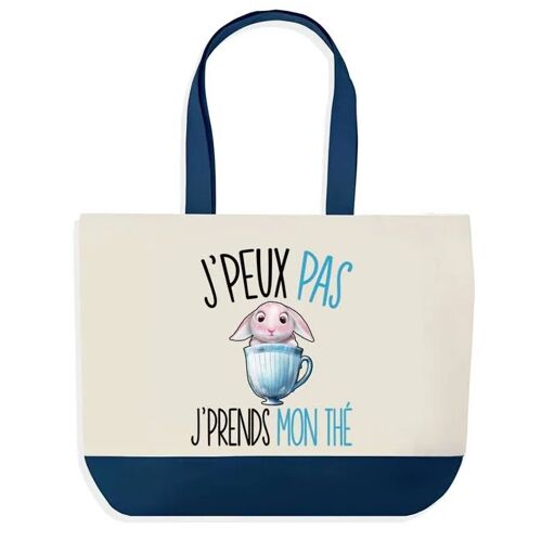 Sac shopping fond bleu J'peux pas Thé Cadeau Anniversaire Noël | Design Graphique Grand Sac Courses Cabas