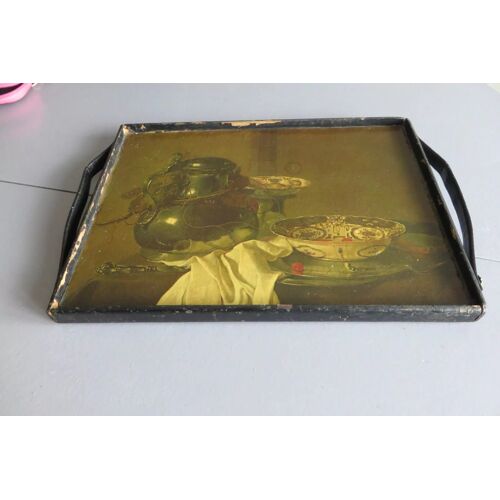 Ancien Plateau En Bois Noir Motif Nature Morte