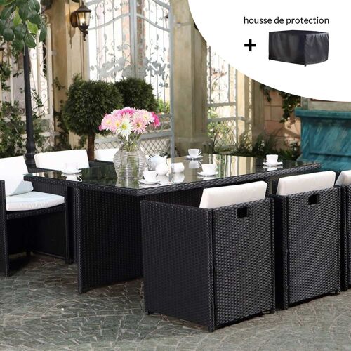 Miami - Salon De Jardin 6 Places Noir-Blanc + Housse De Protection Miami
